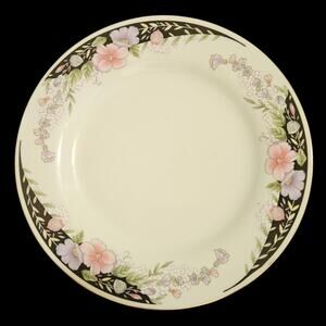 Floral Rim Salad Plates Set 4 Black Border Gold Trim China